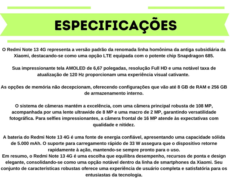 Xiaomi Redmi Note 13 Versão Global Smartphone 4G , ROM Global , Câmera 108MP , Carregador 33W